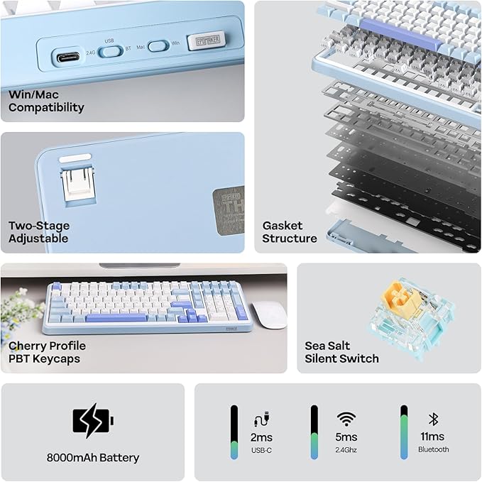 EPOMAKER TH99 Wireless Mechanical Keyboard with Lubed Silent Switch, Quiet Gaming Keyboard, 8000mAh,Creamy Gasket,RGB Backlit,Numpad,PBT Keycap,Hot Swappable,for Gamers/Office (Blue&White)-DeskLoop Office