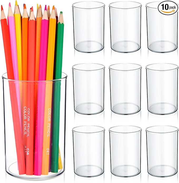 Crtiin 10 Pack Clear Acrylic Pen Holder Makeup Brush Round Pencil Holder for Desk Pen Cups Desk Organizers and Storage Desktop Stationery Organizer for Office School Home Supplies-DeskLoop Office
