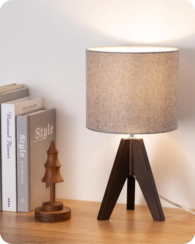 EDISHINE Boho Small Table Lamp, Walnut Color Wooden Tripod Bedside Lamp by EDISHINE