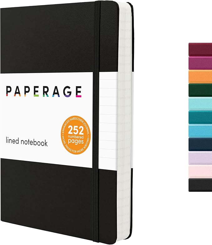 PAPERAGE Lined Journal Notebook, (Black), 252 Pages, Medium 5.6 in x 8 in - 100 GSM Thick Paper – Hardcover Journaling Notebook for Work, School & Note Taking-DeskLoop Office
