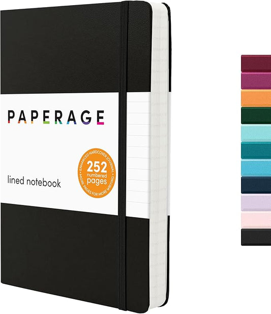 PAPERAGE Lined Journal Notebook, (Black), 252 Pages, Medium 5.6 in x 8 in - 100 GSM Thick Paper – Hardcover Journaling Notebook for Work, School & Note Taking-DeskLoop Office