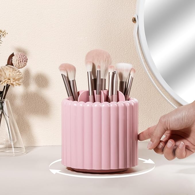 Anyoifax 360 Rotating Makeup Brush Holder 7 Slots Make Up Brush Organizer Removable Spinning Cosmetic Brushes Storage Pen Holder for Vanity, Dresser, Desk, Pink-DeskLoop Office