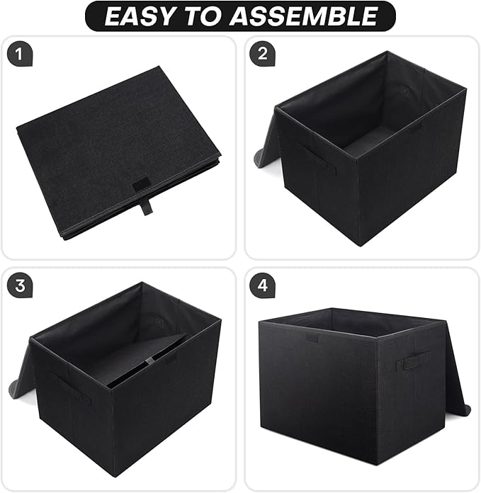 Large 22 Quart Linen Fabric Foldable Storage Bin Cube Organizer Basket with Flip-Top Lid & Handles, Clothes Blanket Box for Home, Office, Closet, Black, 4 Pack 14.6 x 9.5 x 9.5”-DeskLoop Office