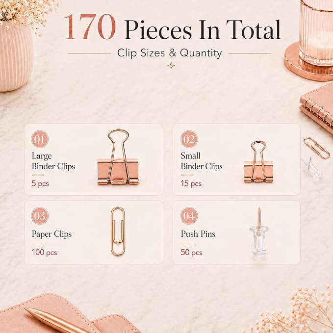 Cute Paper Clips Binder Clips Combo Set, 165 Psc, Cute Office Supplies Set - Image 7