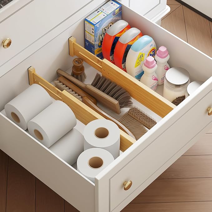 BAMEOS 4 pcs 3" High Bamboo Drawer Dividers Adjustable Drawer Organizer Expandable Drawer Organization Utensil Organizers for Kitchen Dresser Bathroom Bedroom and Office-DeskLoop Office