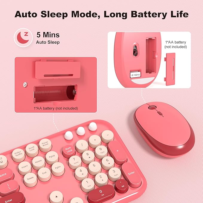 MOFII Wireless Keyboard and Mouse Combo, Cute Keyboard Full Size and Wireless Mouse, 2.4GHz Retro Typewriter Keyboard Wireless Mouse Set for PC/Desktop/Laptop/Windows (Hot Pink)-DeskLoop Office