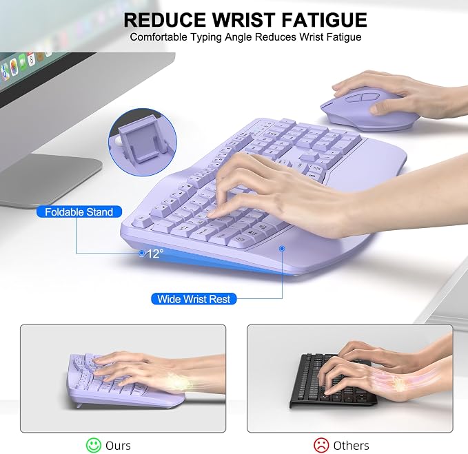 Wireless Keyboard and Mouse Combo, 2.4G Full Size Wave Keys Ergonomic Keyboard - Image 3