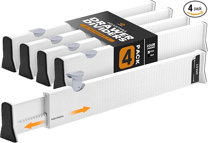 RAPTUROUS Adjustable Drawer Dividers 4 Pack, 2.5" High, 13-22" Long, Dresser by Rapturous