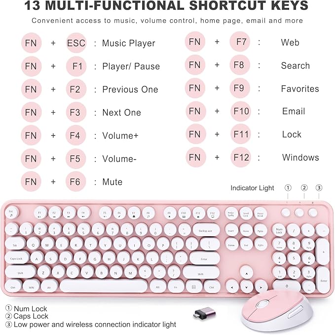 Wireless Keyboard and Mouse Combo, Ergonomic Full Size Typewriter Retro Round Keycaps Keyboard, Compatible with Windows, PC, Perfer for Home and Office Keyboards (Lovely Pink)-DeskLoop Office