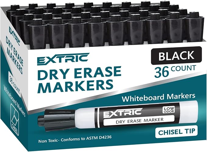 EXTRIC Black Dry Erase Markers 36 PK Whiteboard Marker Bulk Chisel Tip | Use: by EXTRIC