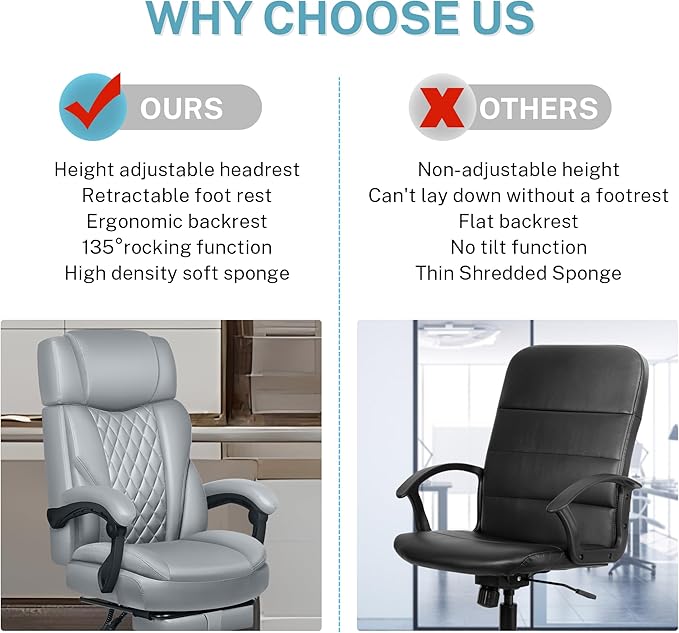 Executive Leather Office Chair, Big and Tall Desk Chair with Footrest Home Office Desk Chairs, Ergonomic Computer Desk Chair with Lumbar Support, Reclining Chair with Adjustable Angle-DeskLoop Office