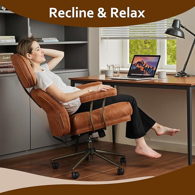 Faux Leather Executive Office Chair - Big and Tall Ergonomic Home Office Chair,Reclining Computer Desk Chairs with Lumbar Support,Adjustable Swivel Rolling PC Chairs with Wheels,Suede,Brown-DeskLoop Office