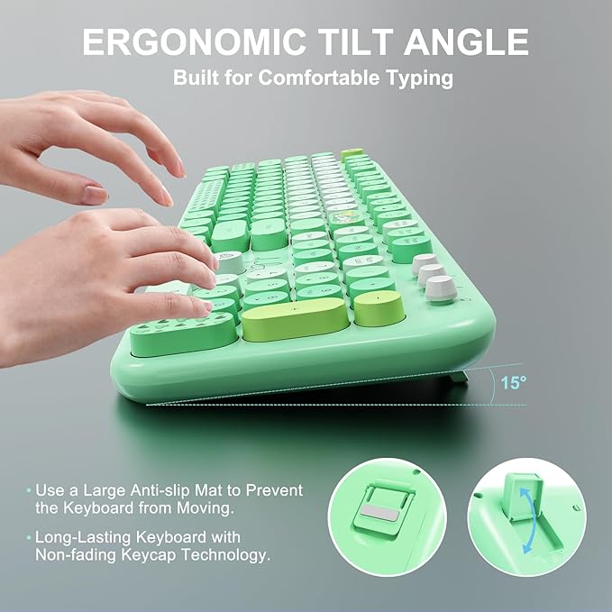FOPETT Wireless Keyboard and Mouse Combo - 2.4G Full-Sized Cute Colorful Retro Keyboard with Round Keycaps 104 Keys Typewriter Keyboard for Laptop/Windows/PC-Green Colorful-DeskLoop Office
