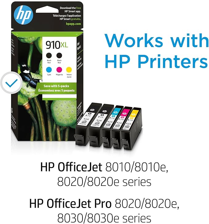 HP Original 910XL Black, Cyan, Magenta, Yellow High-Yield Ink Cartridges (5-Pack) | Works OfficeJet 8010, 8020 Series OfficeJet Pro 8020, 8030 Series | Eligible for Instant Ink | 6ZA58AN-DeskLoop Office