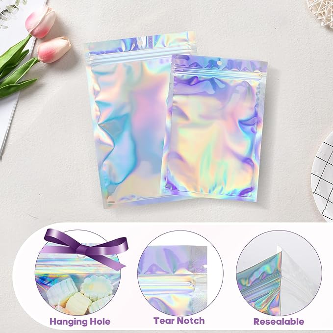 100Pcs Holographic Resealable Bags, 4x6 inch Packaging Foil Pouch ，Motomy Mylar - Image 5