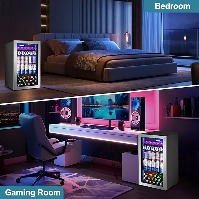 Beverage Refrigerator Cooler, 128 Cans Mini Fridge Glass Door for Drink Beer Soda Wine, 3.2 Cu.Ft Small Fridge for Kitchen Bedroom Office Bar, with 4 Adjustable Removable Shelves, Stainless Steel-DeskLoop Office