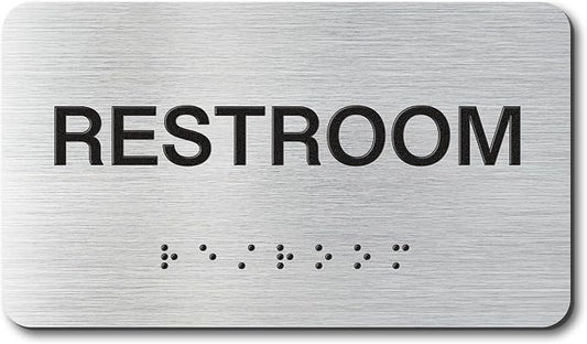 RESTROOM Signs with Raised Text & Grade 2 Braille, Brushed Aluminum/Silver by EliteSign
