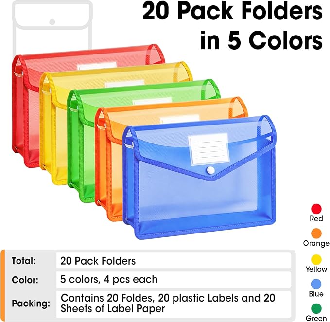 AZEN 20 Pack Plastic Expanding File Folder, Plastic Envelopes - Image 3