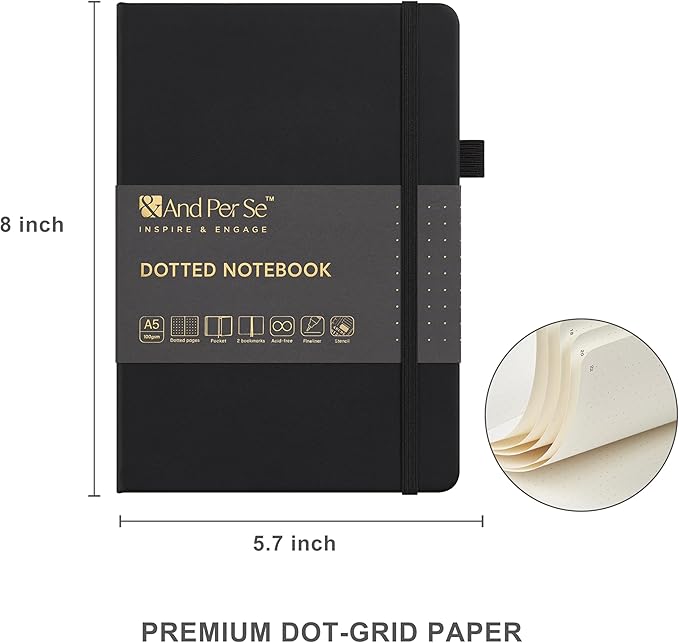&And Per Se Dotted Journal Notebook Set, A5 Hardcover Dotted Journal (Black), 6 Fineliner Pens, 8 Sticker, 5 Stencil Sheets & 6 Washi Tapes, Journaling Supplies for Planner Schedule-DeskLoop Office