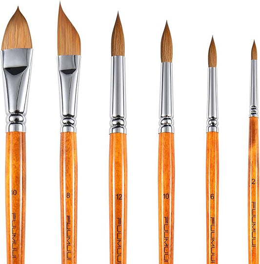 Sable Watercolor Brushes Kolinsky Watercolor Paint Brushes for Artists Professional 6pcs - Pointed Rounds Cat Tongue Oval Wash Dagger for Watercolor Acrylics Inks Gouache Painting-DeskLoop Office