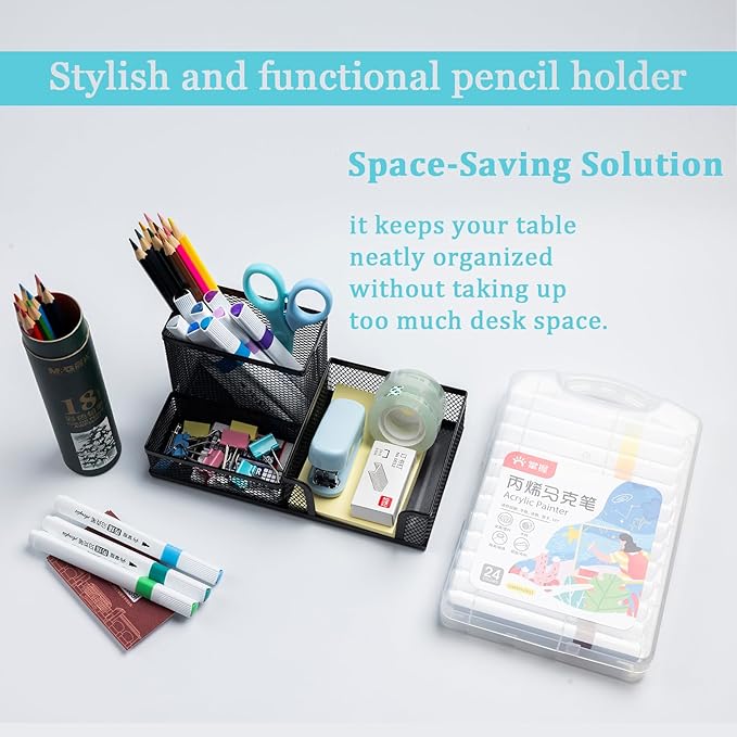 2 Pieces Pen Holder Mesh Metal Pencil Holder Desk Organizers Black for Desk Office with 3 Compartments Pencil Holders,Desktop Storage Caddy Organization,Suitable for School, Home,Black-DeskLoop Office