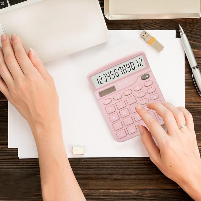 2PC Pink Calculator, Solar Battery Dual Power Calculator,Desktop Calculator 12 Digit with Large LCD Display, Pink Office Supplies with Sensitive Button, Pink Desk Accessories, School Supplies-DeskLoop Office