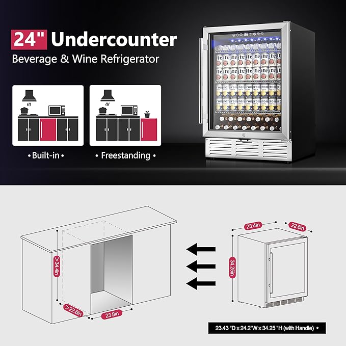 24 Inch Beverage Refrigerator, Beverage Cooler 180 Can Built-in Design, Under Counter Beer Fridge with Glass Door for Soda, Wine, Water - For Kitchen, Office or Bar-DeskLoop Office