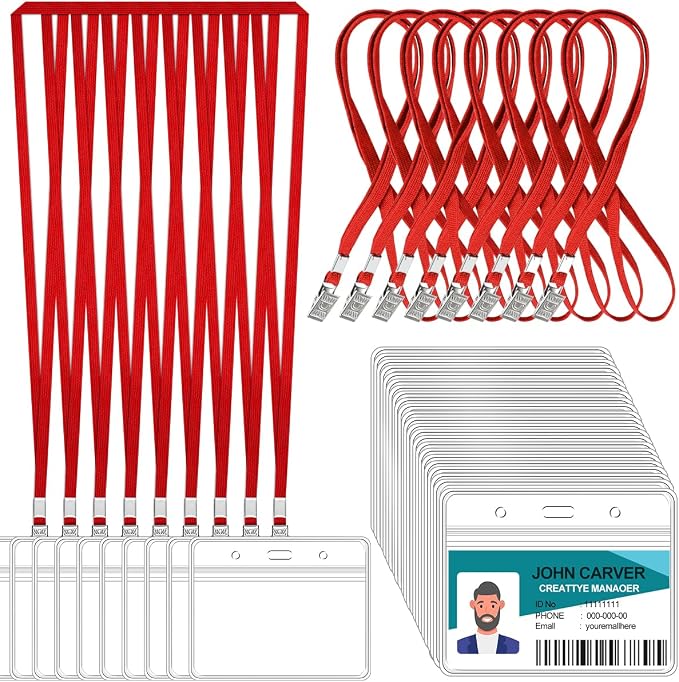 100 Pcs Clear Horizontal Badge Id Card and 100 Pcs Lanyard, Reusable Lanyards by Orcielo