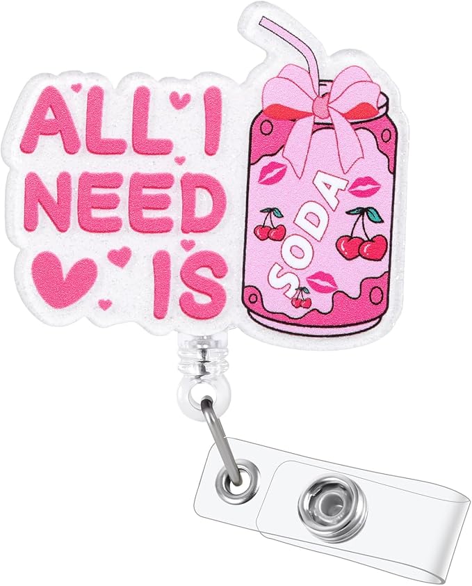 All I Need is Soda Funny Nurse Badge Reel, Cute Pink Bow Cherry Retractable ID by LINAYOHA