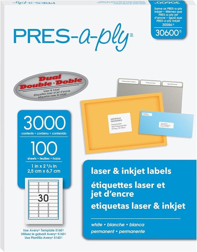 PRES-a-ply Laser Address Labels, 1 x 2-5/8 by Pres-a-ply