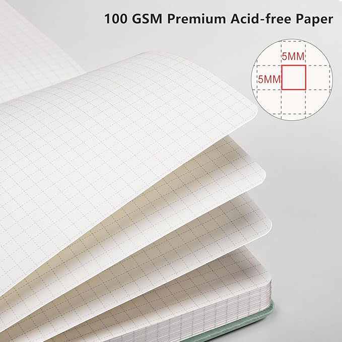 RETTACY Graph Grid Paper Notebook, 192 Pages, A5 Medium Size (5.7'' x 8.3''), 5 Squares per Inch, Leather Hardcover, 100 GSM Thick Paper, for School, Students, Math, Engineering (Sage Green)-DeskLoop Office