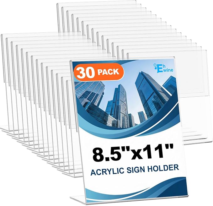 EHWINE 30 Pack Acrylic Sign Holder 8.5 x 11, L Shape Clear Plastic Display Stand by EHWINE