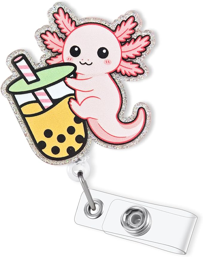 Cute Axolotl with Boba Tea Badge Reel Retractable, Funny Animal Badge Reel by Bydevia