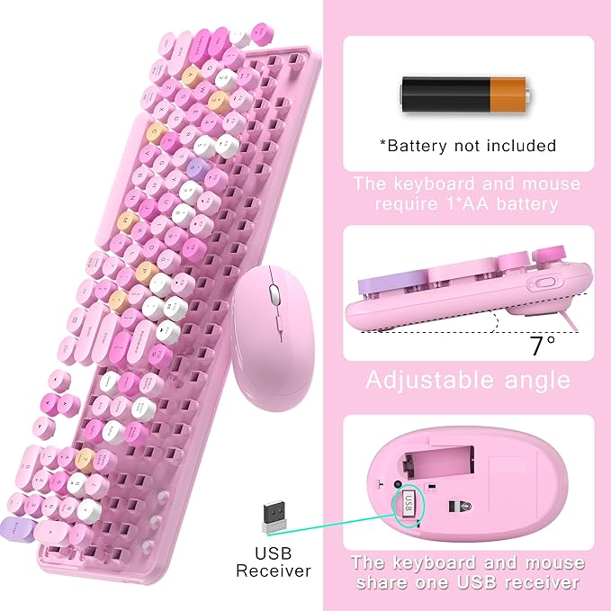Colorful Wireless Computer Keyboard and Mouse Combo with Round Typewriter Keycaps, Retro Design, Power Switch, Ergonomic Design, 2.4GHz Wireless for Windows, Mac, PC(Pink-Colorful)-DeskLoop Office