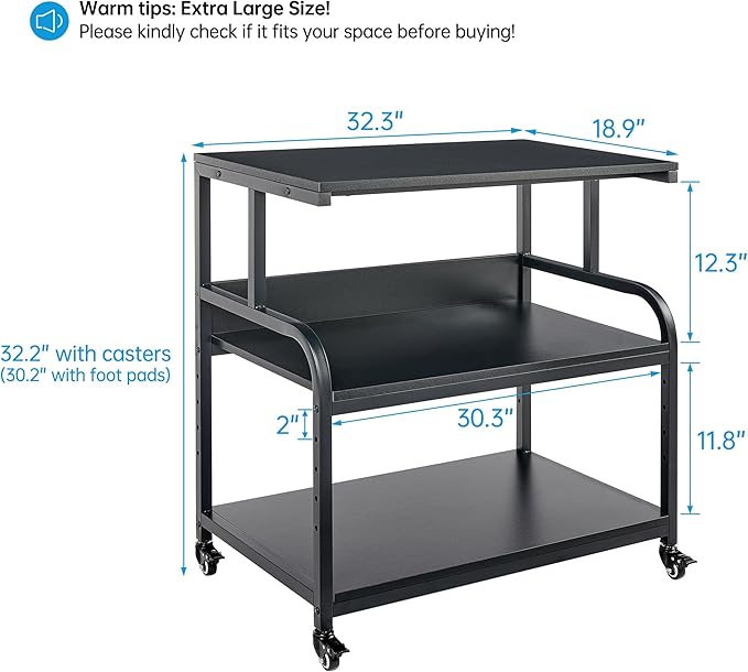 32.3" x 18.9" Extra Large Printer Stand Table with Adjustable Storage Shelf, 3 Tier Rolling Printer Cart with Industrial Wheels for Home Office, Black-DeskLoop Office