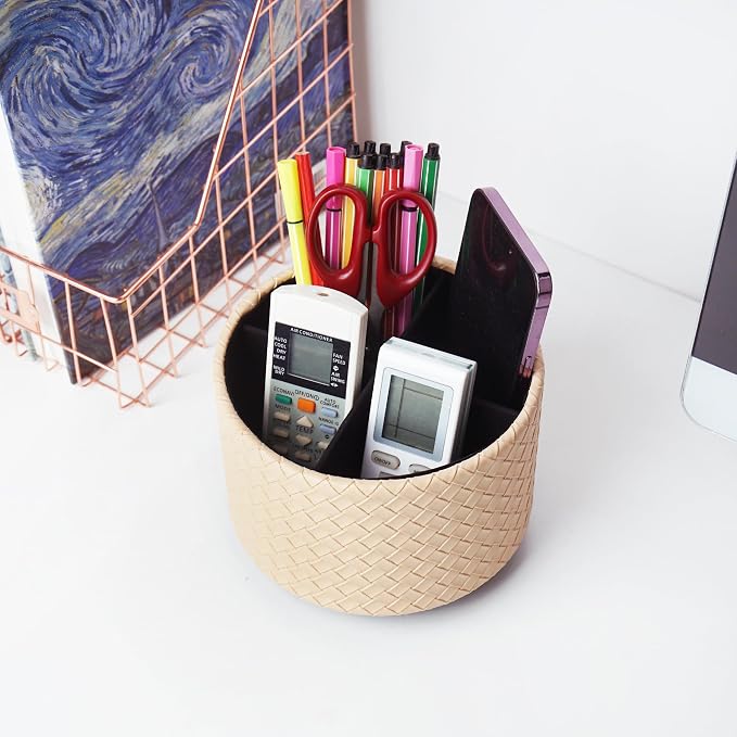 Hennaja Round Leather Art Supply Organizer, Remote Control Holder, 360 Degree - Image 6