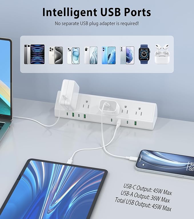 Jgstkcity Desk Clamp Power Strip,45W Fast Charging Station,4 USB-C,4 USB-A,Desk Mount Surge Protector,1875W Extension Cord with Multiple Outlets,ETL Listed,for Home Office Dorm Room,White,6 FT-DeskLoop Office