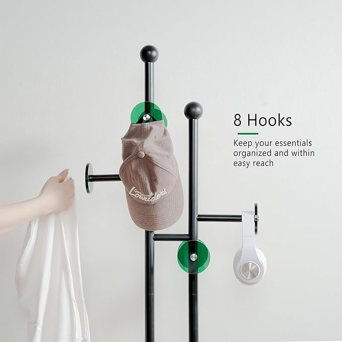 Free Standing Coat Rack with Marble Base & 8 Hooks Heavy Duty Clothes Rack for Entryway Bedroom Living Room Hotel 14.96 x 10.24 x 68.9 Inches (Black)-DeskLoop Office