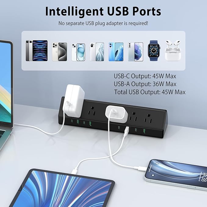 Jgstkcity Desk Clamp Power Strip,45W Fast Charging Station,4 USB-C,4 USB-A,Desk Mount Surge Protector,1875W Extension Cord with Multiple Outlets,ETL Listed,for Home Office Dorm Room-DeskLoop Office