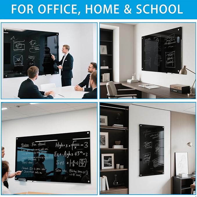 KIZZBY Black Glass Dry Erase Board - Magnetic Blackboard for Wall, 48"x36" Large Frameless Black Whiteboard for Office, Home & School-DeskLoop Office