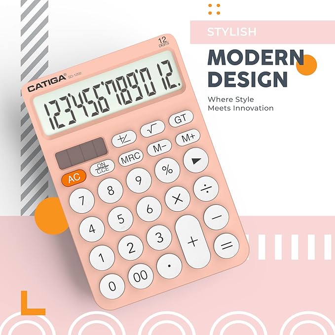 CATIGA 12 Digit Desktop Calculator Basic Desk Calculator with Large LCD Display, Big Buttons, 4 Function, Solar and Battery Dual Power, for Office, School, Home, SD-1292 Pink-DeskLoop Office