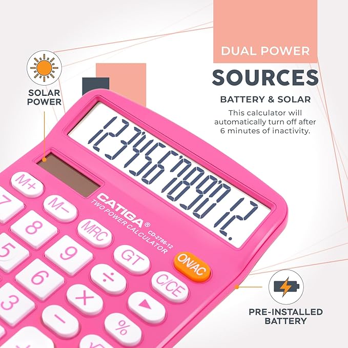 12 Digit Desktop Calculator with Large LCD Display and Sensitive Button, Dual Solar Power and Battery, Standard Function for Office, Home, School, CD-2786-DeskLoop Office