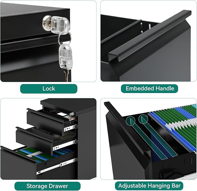 YITAHOME 3 Drawer File Cabinet with Lock, 20” Deep Office Vertical Files, Mobile Metal Filing Cabinet, Metal Vertical Filing Storage Cabinet for Letters/Legal/A4 Size，Black-DeskLoop Office