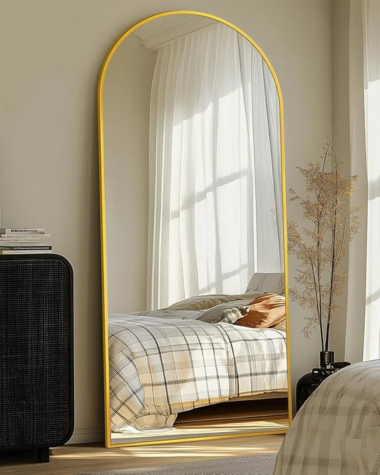 Full-Length Floor Mirror with Stand, 68"x26" Arched Style Full Body Standing Mirror for Bedroom, Living Room, Gym, Dorm - Shatter-Resistant & Easy Assembly, Gold-DeskLoop Office