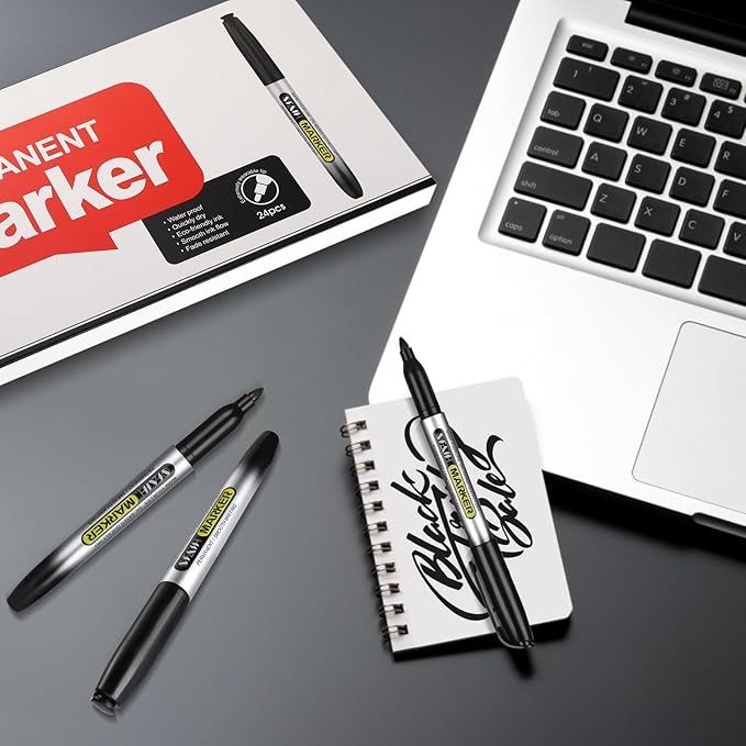 SFAIH Black Permanent Markers Bulk - 24 Pack, 1s Quick Dry, Non-Fading, Fine Point Permanent Pens for Plastic Glass Metal Wood Paper Stone, Office Classroom Kitchen, Doodling, Marking, Waterproof-DeskLoop Office