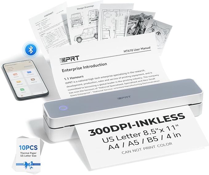 iDPRT Portable Printer Wireless for Travel, 300DPI Bluetooth Thermal Printer Support for 8.5"x11" US Letter, Inkless Compatible with iOS, Android, Laptop for Office, Car and Home, School-DeskLoop Office