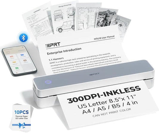iDPRT Portable Printer Wireless for Travel, 300DPI Bluetooth Thermal Printer Support for 8.5"x11" US Letter, Inkless Compatible with iOS, Android, Laptop for Office, Car and Home, School-DeskLoop Office