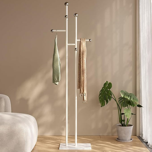 Free Standing Coat Rack with Marble Base & 8 Steel Hooks Clothes Rack for Entryway Bedroom Living Room Hotel 14.96 x 10.24 x 68.9 Inches (White)-DeskLoop Office