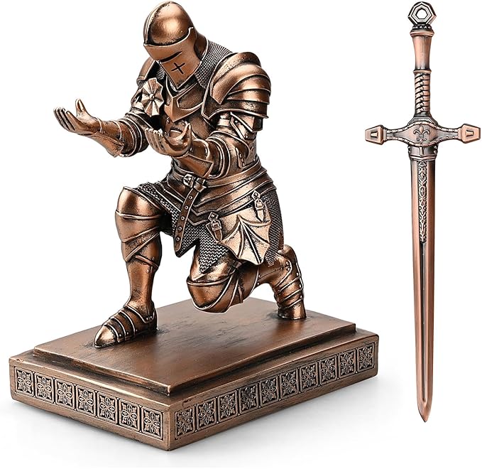 Medieval Armored Warrior Knight Pen Holder Desk Organizers and Accessories Resin Pencil Holder Paperweight as Gift with a Cool Letter Opener for Desk (Copper)-DeskLoop Office