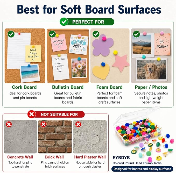 200 PCS Colored Round Head Thumb Tacks – Plastic Push Pins - Image 6